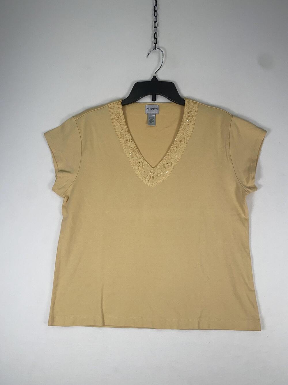 Chico's T-shirt Womens 3 Yellow Solid V Neck Short Sleeve Embroidered Sequin Top